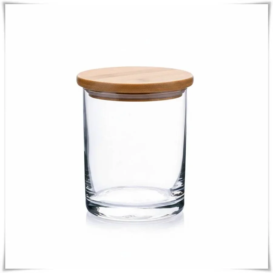 Szklany pojemnik cylinder  H-10,5 D-8 cm z drewnianą pokrywką – Kaja-Glass